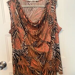 Roz & Ali Orange Graphic Blouse with Cowl Neckline